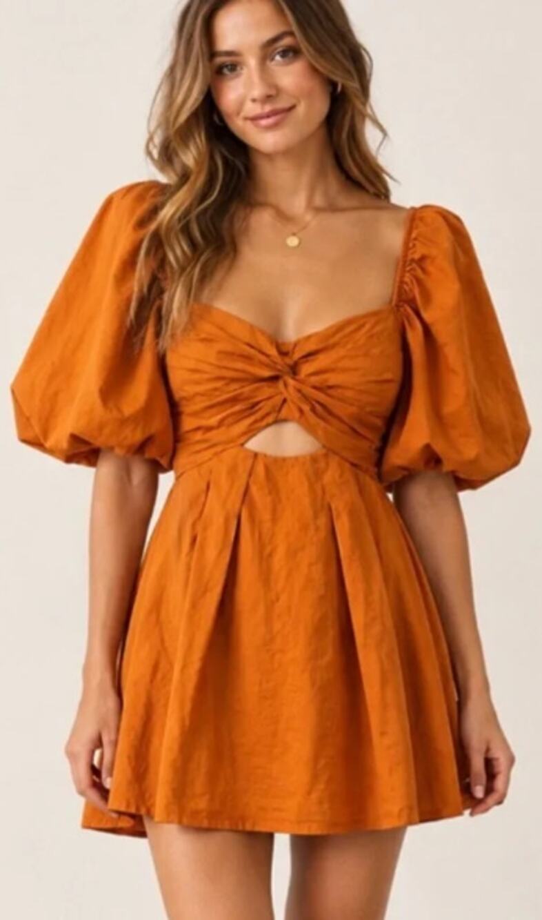 NWT Anthropologie Moon River Puff Sleeve Sweetheart Cutout Mini Dress Orange XS